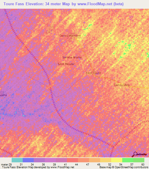 Toure Fass,Senegal Elevation Map