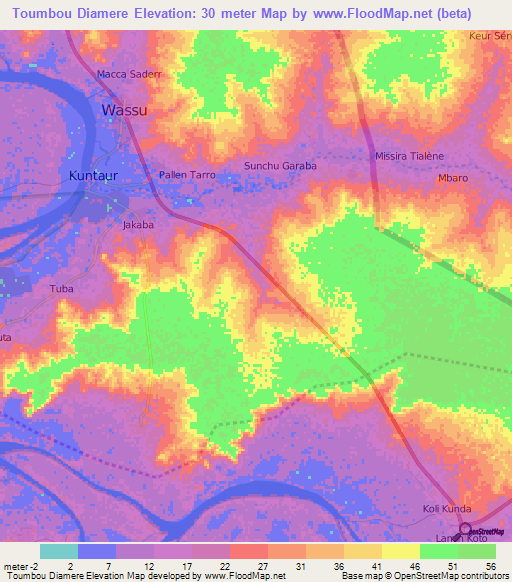 Toumbou Diamere,Senegal Elevation Map