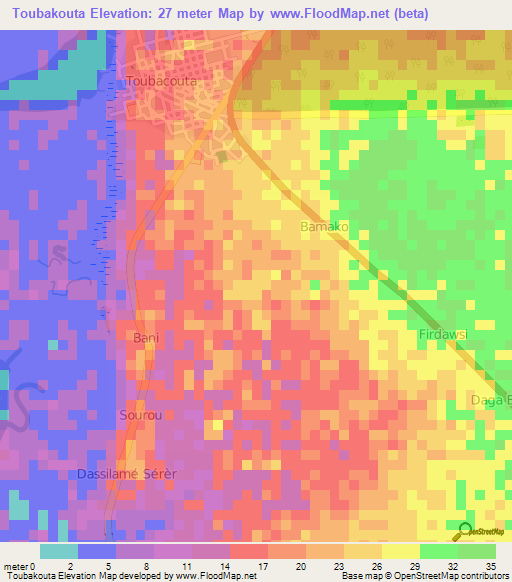 Toubakouta,Senegal Elevation Map