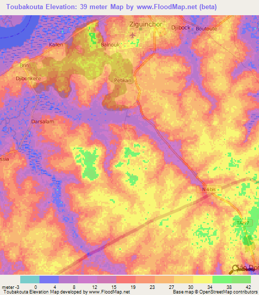 Toubakouta,Senegal Elevation Map