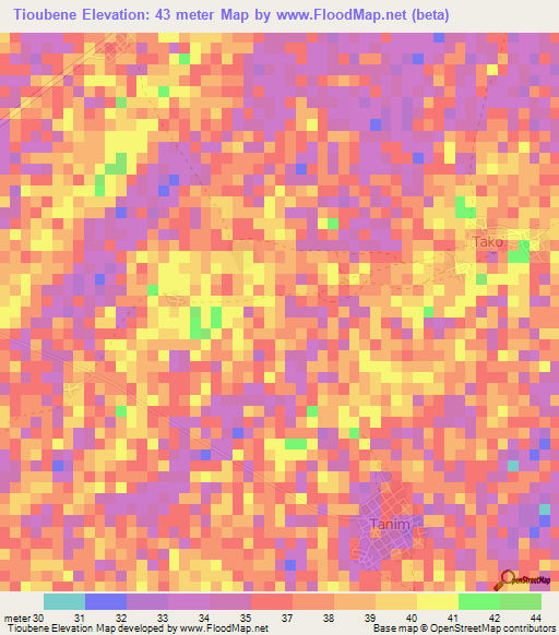 Tioubene,Senegal Elevation Map