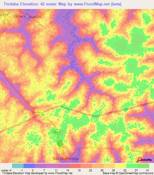 Tindaba,Senegal Elevation Map