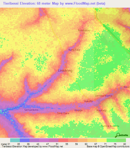 Tieribessi,Senegal Elevation Map