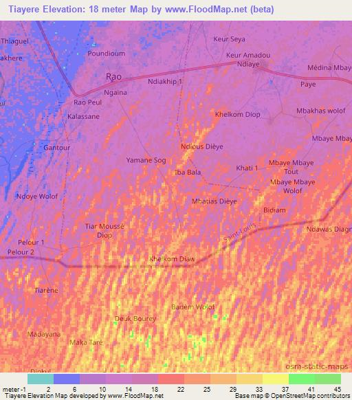 Tiayere,Senegal Elevation Map