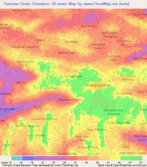 Tiamene Oualo,Senegal Elevation Map