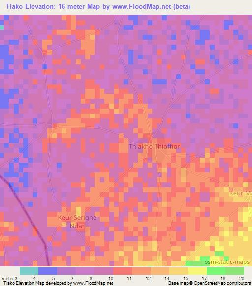 Tiako,Senegal Elevation Map