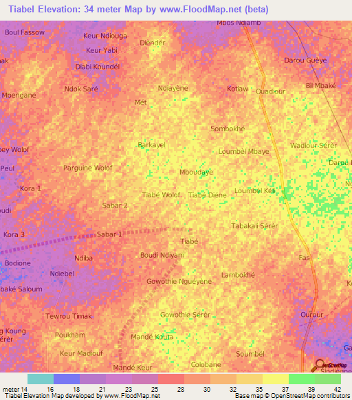 Tiabel,Senegal Elevation Map
