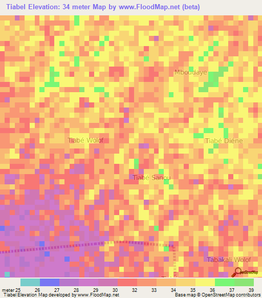 Tiabel,Senegal Elevation Map