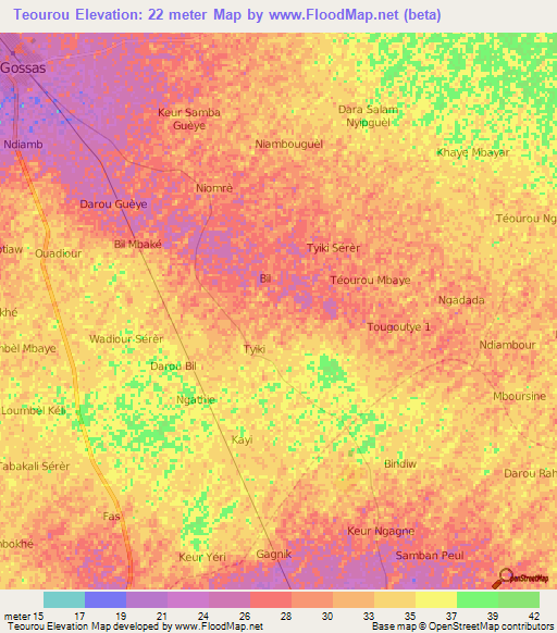 Teourou,Senegal Elevation Map