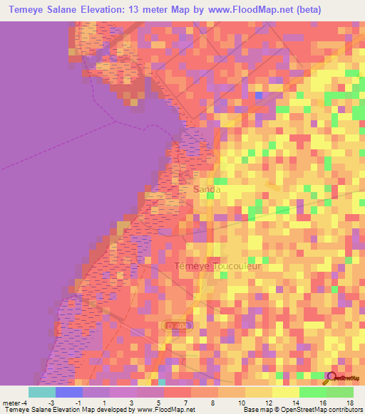 Temeye Salane,Senegal Elevation Map