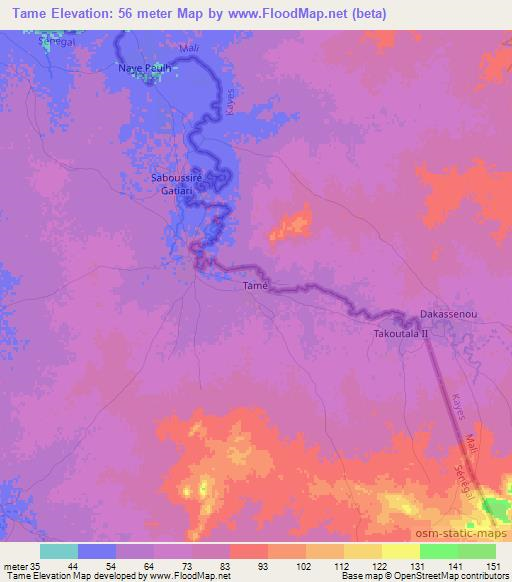 Tame,Senegal Elevation Map