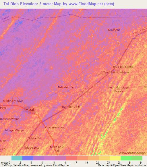 Tal Diop,Senegal Elevation Map
