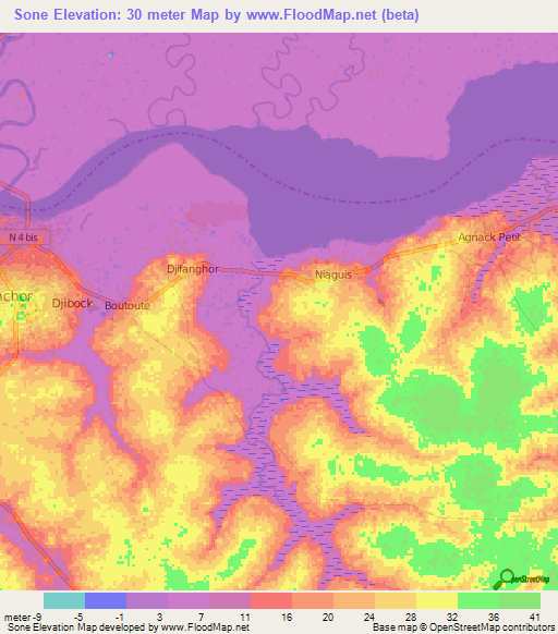 Sone,Senegal Elevation Map