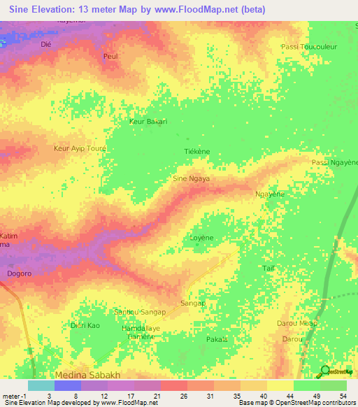Sine,Senegal Elevation Map