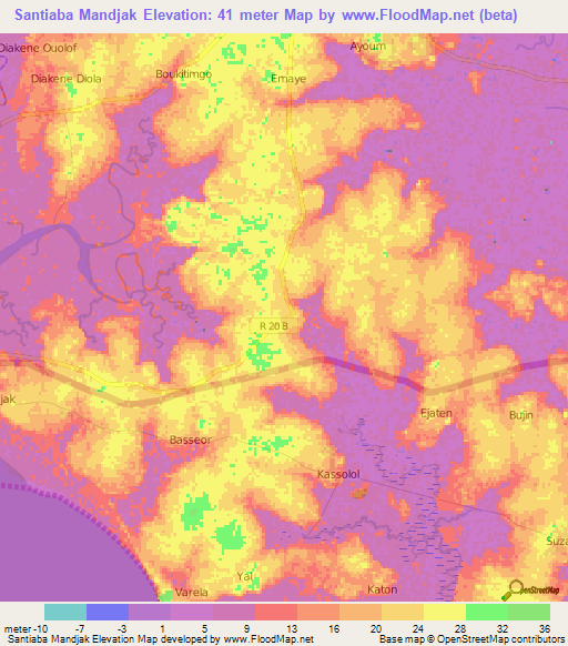 Santiaba Mandjak,Senegal Elevation Map