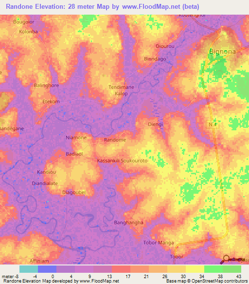 Randone,Senegal Elevation Map