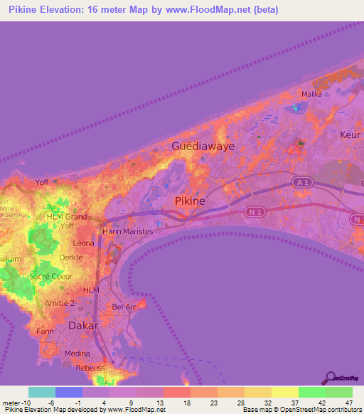 Pikine,Senegal Elevation Map