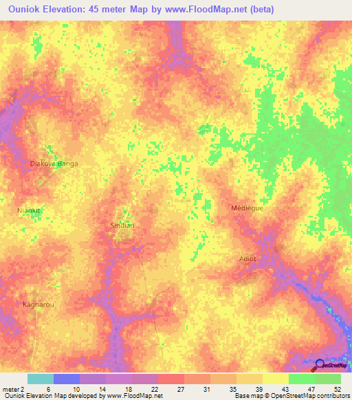 Ouniok,Senegal Elevation Map