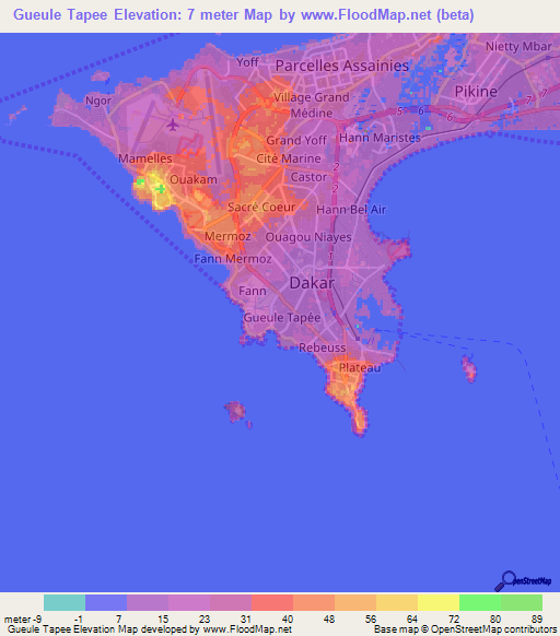 Gueule Tapee,Senegal Elevation Map
