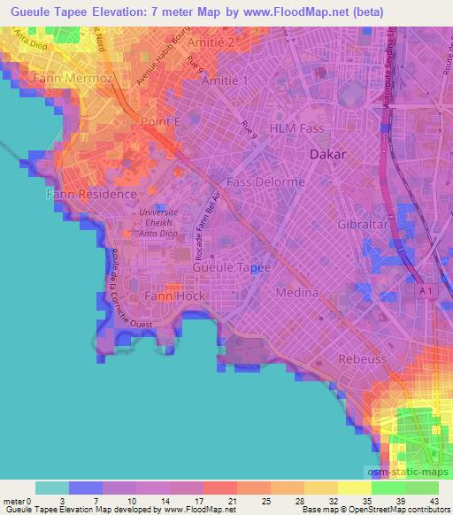 Gueule Tapee,Senegal Elevation Map