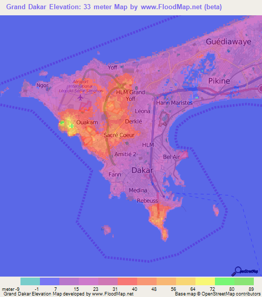 Grand Dakar,Senegal Elevation Map