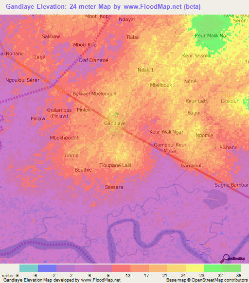 Gandiaye,Senegal Elevation Map