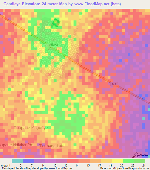 Gandiaye,Senegal Elevation Map