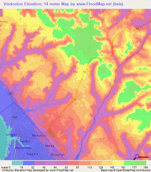 Vindoulou,Congo (Brazzaville) Elevation Map