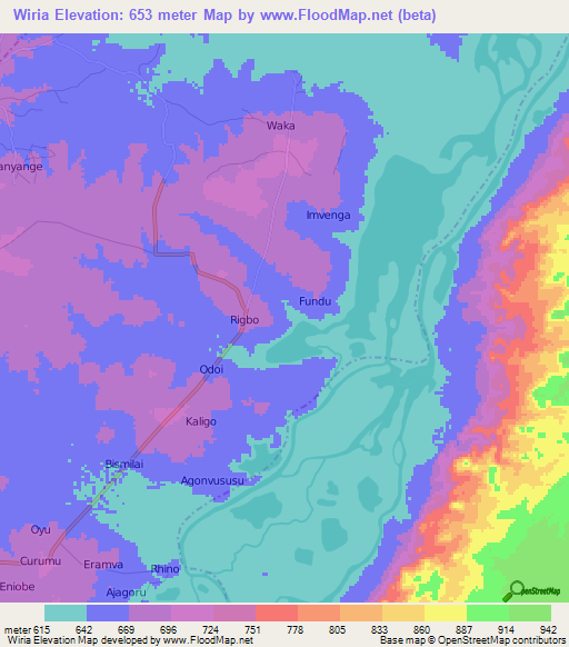 Wiria,Uganda Elevation Map