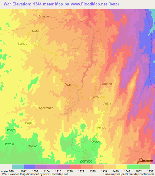 War,Uganda Elevation Map