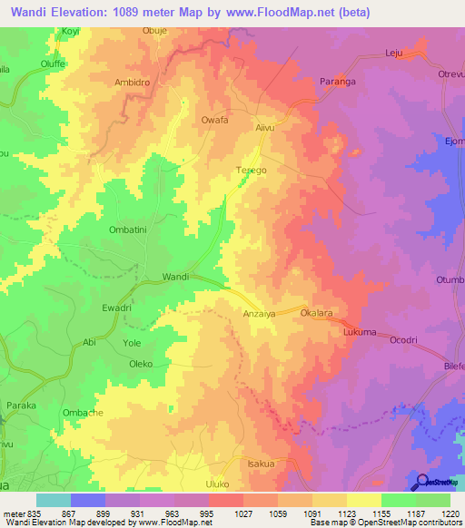 Wandi,Uganda Elevation Map