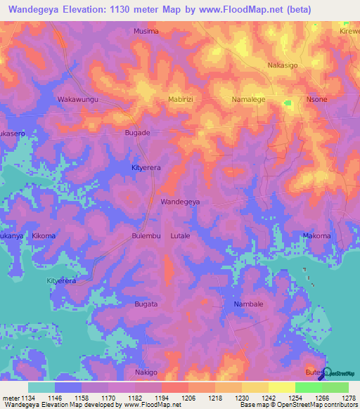 Wandegeya,Uganda Elevation Map