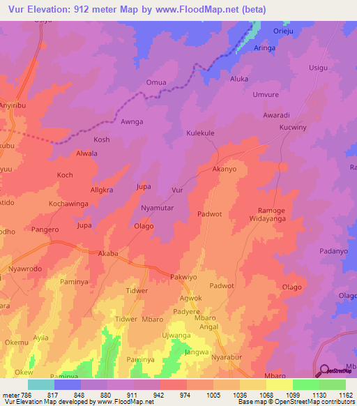 Vur,Uganda Elevation Map