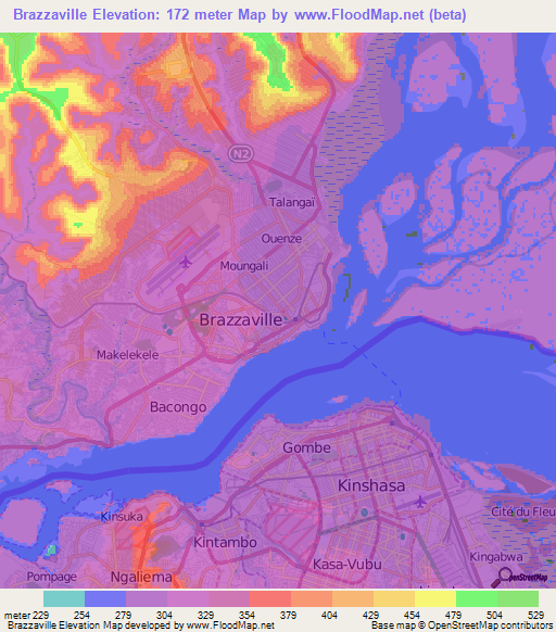Brazzaville,Congo (Brazzaville) Elevation Map