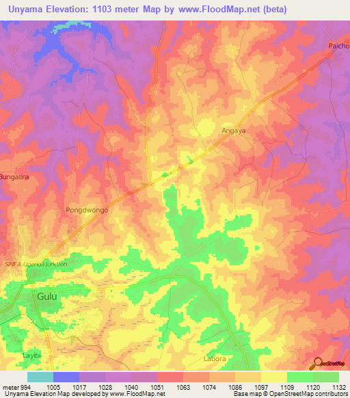 Unyama,Uganda Elevation Map