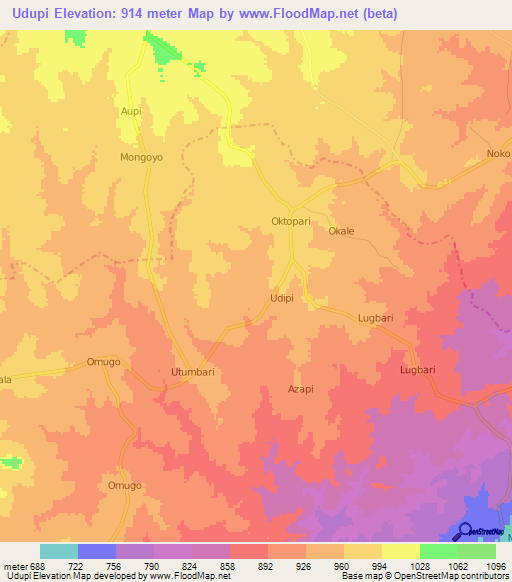 Udupi,Uganda Elevation Map