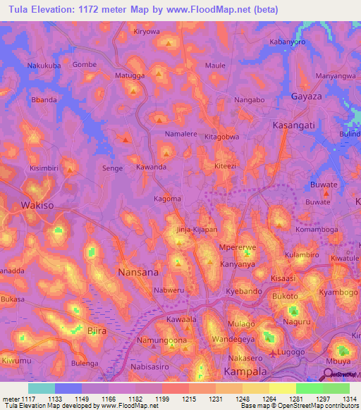 Tula,Uganda Elevation Map