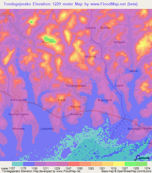 Tondegejerako,Uganda Elevation Map