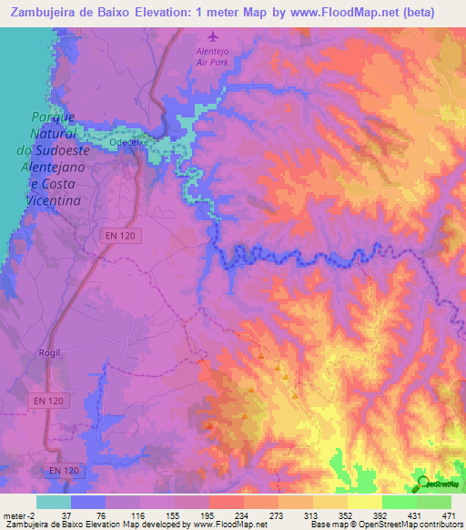 Zambujeira de Baixo,Portugal Elevation Map
