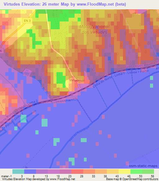 Virtudes,Portugal Elevation Map
