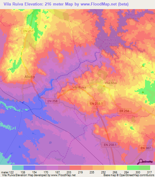 Vila Ruiva,Portugal Elevation Map