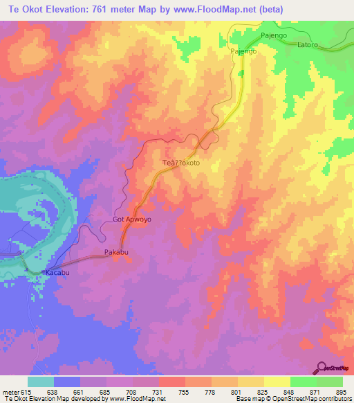 Te Okot,Uganda Elevation Map