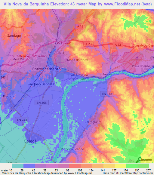 Vila Nova da Barquinha,Portugal Elevation Map