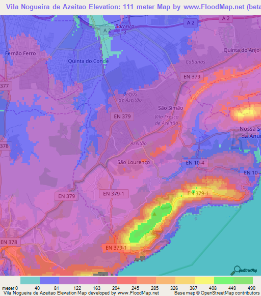 Vila Nogueira de Azeitao,Portugal Elevation Map