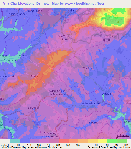 Vila Cha,Portugal Elevation Map