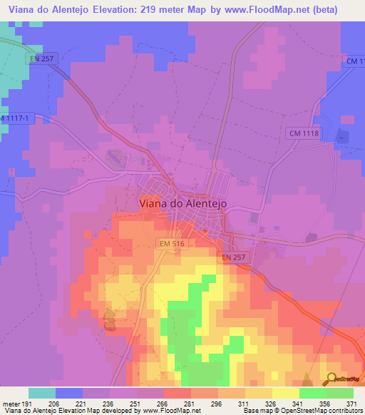 Viana do Alentejo,Portugal Elevation Map