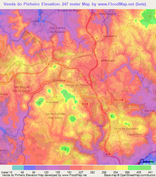 Venda do Pinheiro,Portugal Elevation Map