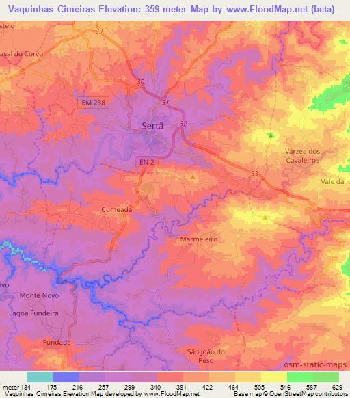 Vaquinhas Cimeiras,Portugal Elevation Map