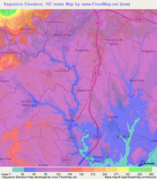 Vaqueiros,Portugal Elevation Map