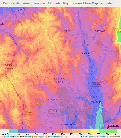 Valongo do Farrio,Portugal Elevation Map